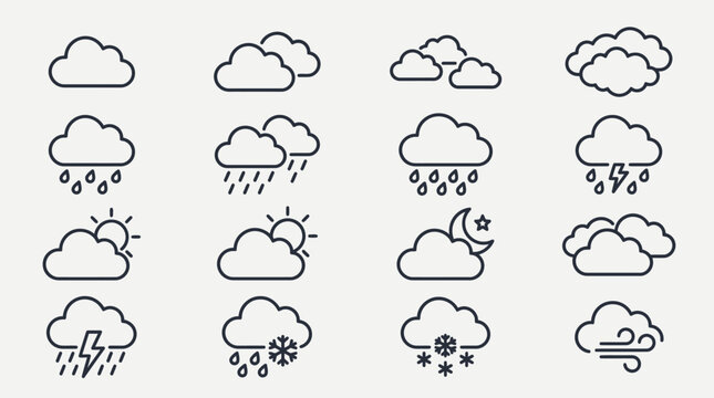 Set of simple outline weather forecast icons.