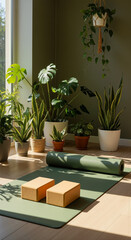 Fototapeta premium Yoga practice space with green mat wooden blocks and various potted plants near a sunny window in a peaceful indoor setting for wellness and meditation.