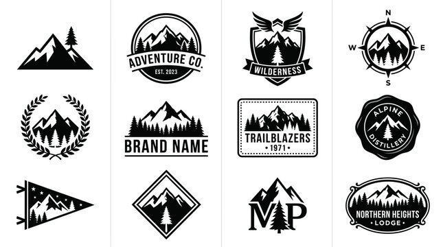 Set of vintage mountain adventure logo badges and outdoor emblems.
