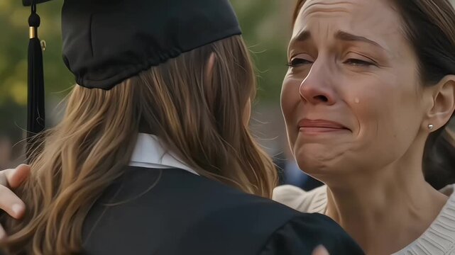 An emotional mother cries tears of joy while embracing her daughter in a graduation cap and gown after a significant academic achievement.