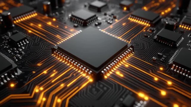 Cinematic Extreme Macro Slow Push Across Processor Die Surface Microscopic Transistor Array Background Video