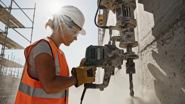 Female construction worker operating a pneumatic drill.
