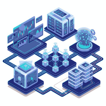 Abstract representation of a complex data network and artificial intelligence system with servers and charts.