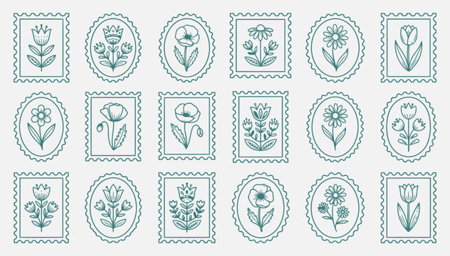 Floral postage stamps collection featuring various hand drawn botanical flower illustrations for creative design projects
