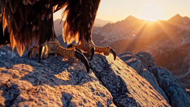 Close-up of eagle's talons on rocky mountain peak at sunrise.