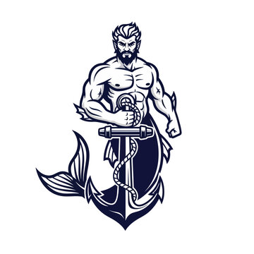 Merman with Anchor Tattoo Design, Nautical Mythology Illustration