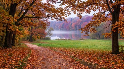 Fototapeta premium Dirt path winding through a forest with orange and yellow autumn foliage leading toward a calm misty lake surrounded by colorful trees under a soft overcast sky on a cool fall day