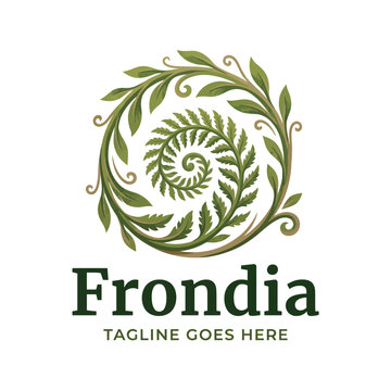 Botanical logo design with green fern spiral and leafy wreath for nature branding