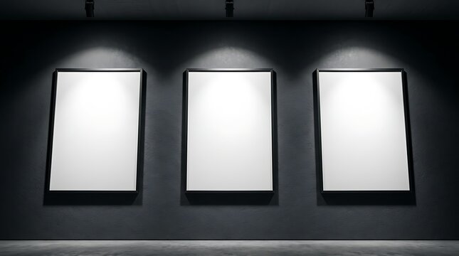 Three blank white posters hanging on a dark wall with spotlights
