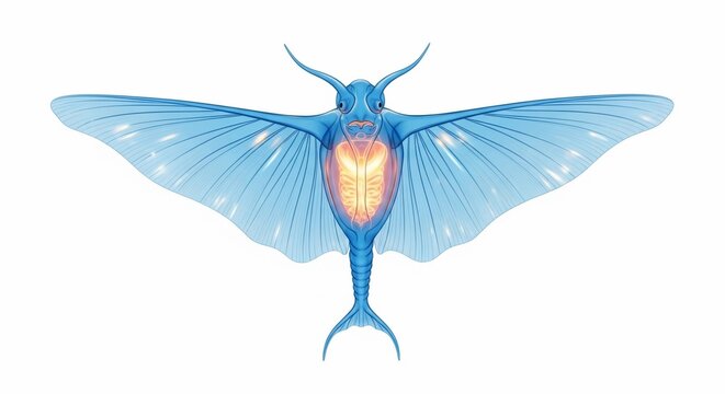 A vibrant blue moth with an illuminated abdomen spreads its wings without background