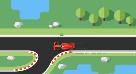 Fototapeta premium A vibrant red race car speeds around a track turn amidst a stylized green landscape, depicted in a clean, flat design vector illustration from an aerial perspective