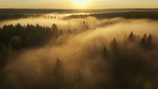 Golden morning sunlight breaks through thick fog, casting beautiful sunrays over a dense, misty pine forest from an aerial view.