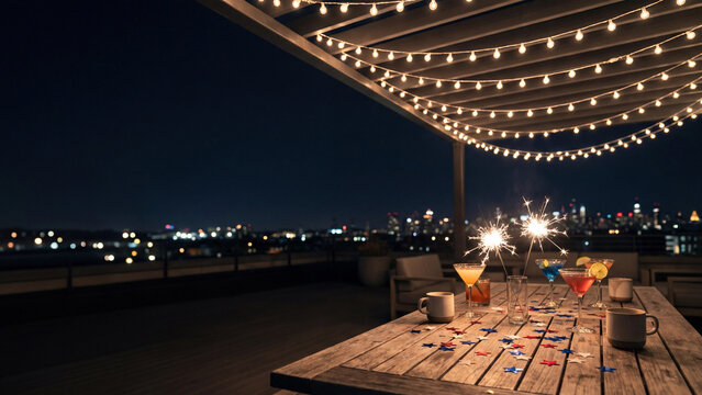 Patio dining table sits on a rooftop deck illuminated by hanging fairy lights while sparklers flicker amidst colorful confetti during a celebratory evening event in the city.