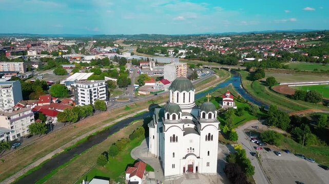 Resurrection of the Lord Serbian Orthodox Cathedral drone shot. Valjevo. Kolubara and Gradac river mouth.