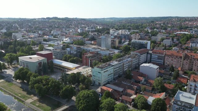 Valjevo city drone shot. Opstina building, Kolubara river.