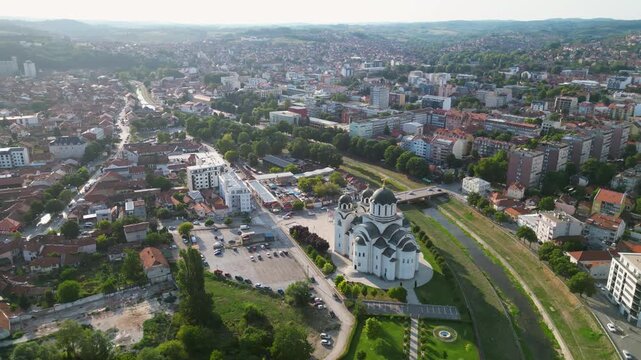 Valjevo drone shot. Temple and Kolubara river