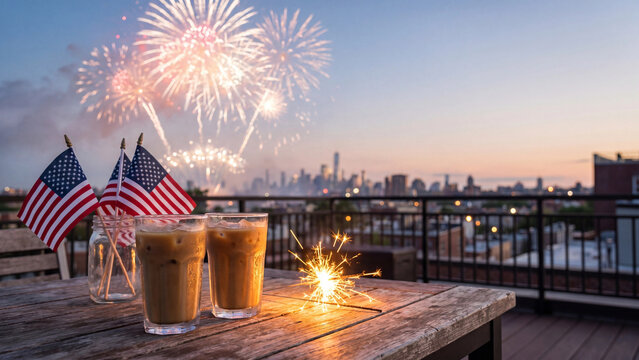 Iced coffee glasses sit on a rustic wooden table alongside miniature American flags and a glowing sparkler during a vibrant city fireworks show at dusk.