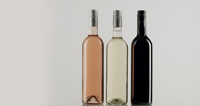 Red, white, and rose wine bottles slowly turning on a reflective surface against a clean white background, showcasing the elegant glass containers and the colors of the alcoholic beverages