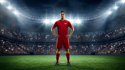 Naklejka premium Spain Inspired Soccer Player in Red Uniform Standing Alone in Stadium