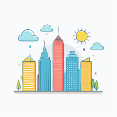 Obraz premium Modern City Skyline with Colorful Buildings and Sun