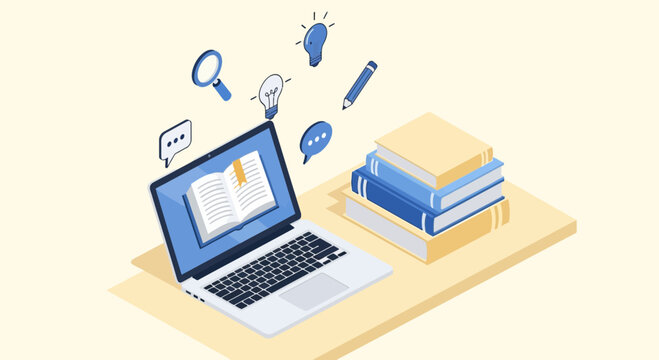 Online learning concept: laptop with open book, stack of books, lightbulb, magnifying glass, pencil
