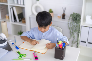 Exam preparation, Asian little boy reading and flipping through notebook pages at home, Serious schoolkid reviewing homework or studying for exam, Education, childhood learning and studying concepts © Art_Photo
