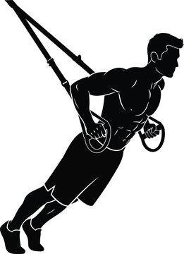 Silhouette of man performing suspension training exercise with TRX straps isolated on white