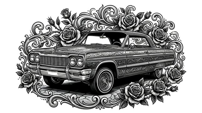 Chicano black and gray lowrider car with roses and smoke, ideal for apparel, posters, stickers, and auto culture art.