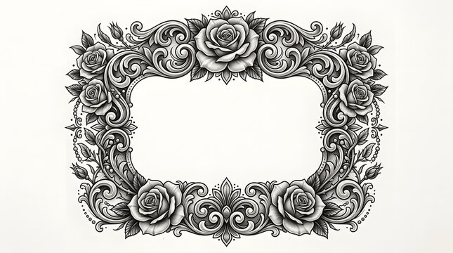 Chicano ornamental blank frame with roses and filigree, ideal for posters, invitations, branding mockups, and merchandise.