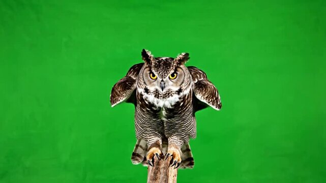 Horned owl perched on branch spreading wings green screen chroma key bubo virginianus bird of prey raptor