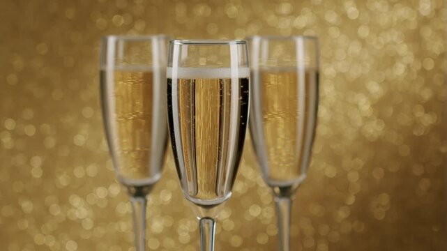 Sparkling champagne fizzing with bubbles rising inside a crystal glass during a celebration, set against a luxurious, festive golden background perfect for new year's eve or an anniversary party