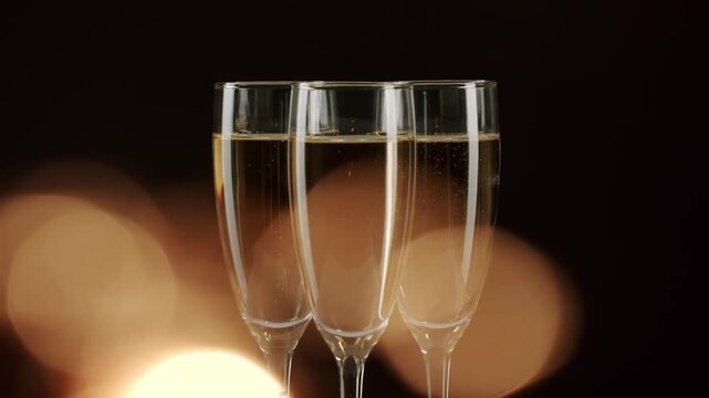 Three elegant glasses of sparkling champagne with bubbles rising against a dark background with warm, golden bokeh lights, creating a festive and celebratory atmosphere for any special occasion