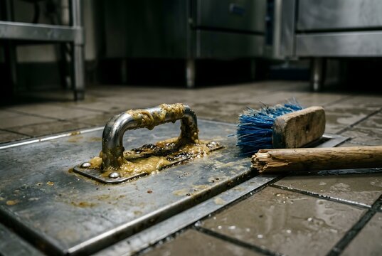 Close-up of grease trap lid handle with congealed waste oil paste and a snapped brush