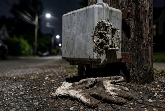 Close-up of fiber optic box hinge with mud and bird droppings paste and a torn glove