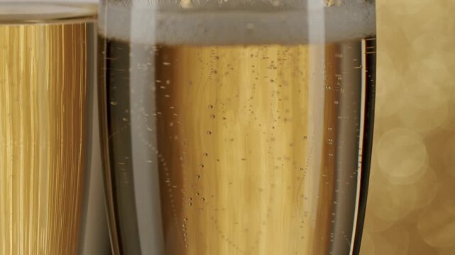 Two elegant glasses filled with sparkling champagne slowly fizzing against a glamorous golden background with beautiful bokeh, creating a festive and celebratory atmosphere for any special occasion