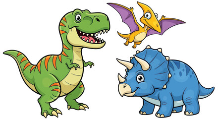 Cute Cartoon Dinosaurs: T-Rex, Triceratops, Pterodactyl - Isolated © heru