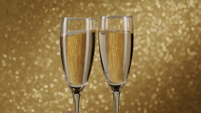 Beautiful slow-motion clip of two glasses of champagne clinking together isolated background, creating an elegant splash and celebrating a special anniversary occasion.