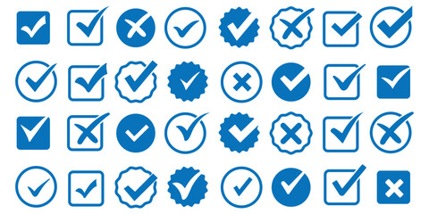 Set green approval check mark and red cross icons in circle and square, checklist signs, flat checkmark approval badge, isolated tick symbols © HIKE  Studio  1
