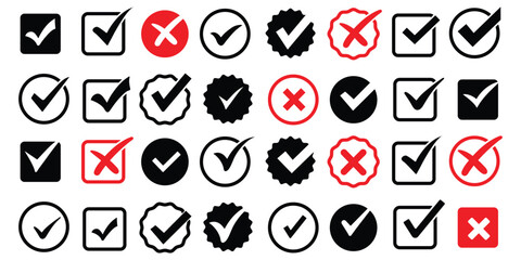 Set green approval check mark and red cross icons in circle and square, checklist signs, flat checkmark approval badge, isolated tick symbols © HIKE  Studio  1