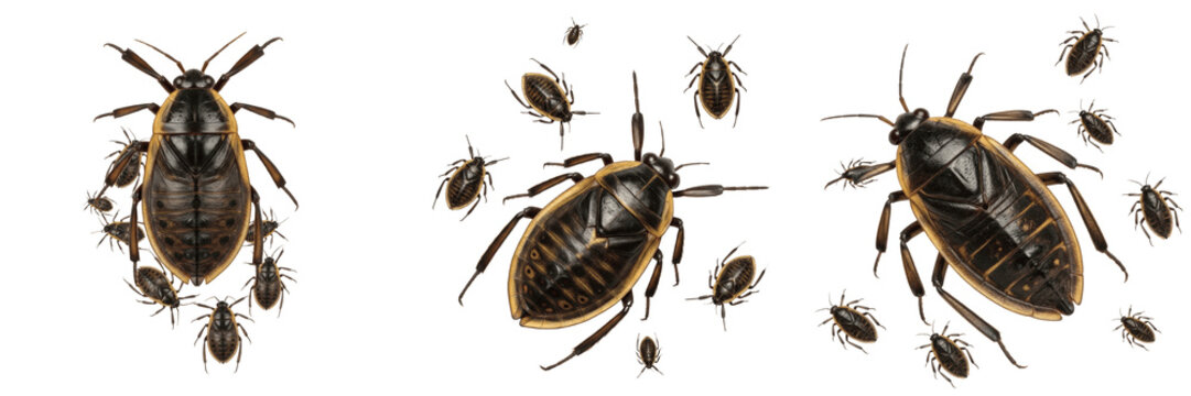 Swarm of giant water bugs, Lethocerus americanus, Belostomatidae family, predatory aquatic heteroptera swimming, raptorial forelegs clasping claws, freshwater pasture pond monitoring index