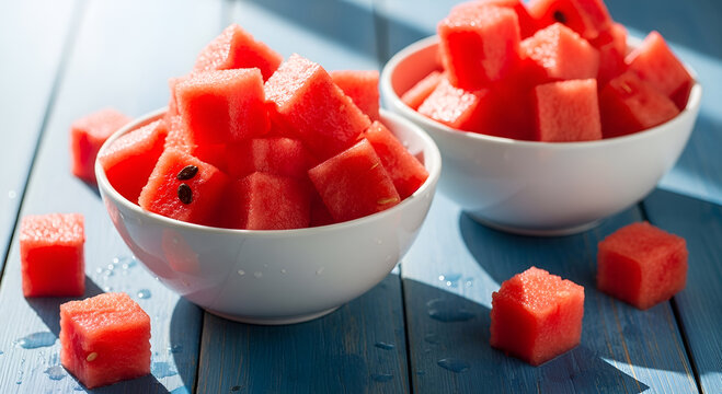 White ceramic bowls filled to the brim with fresh red diced watermelon cubes served on a rustic blue wooden table