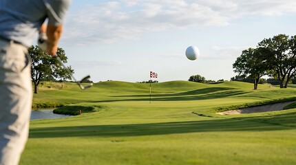 Obraz premium Golfer hitting a ball towards the flag on a lush green course