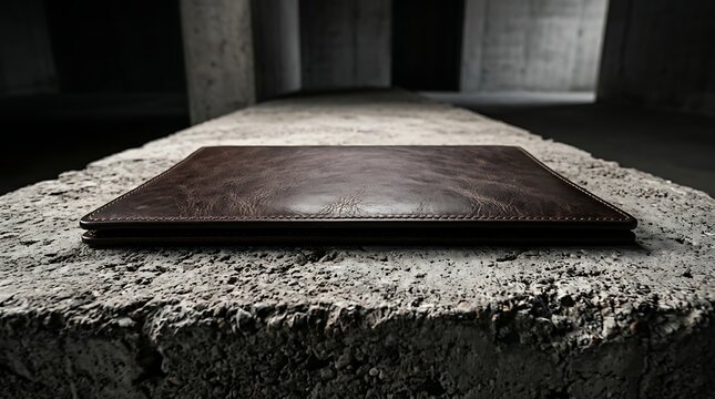 Professional dark brown leather folder on a grey concrete surface