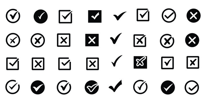Right and wrong buttons. Yes or no check mark icons in green tick box and red cross. Set of red X and green check mark. Tick and X mark icon for apps and websites