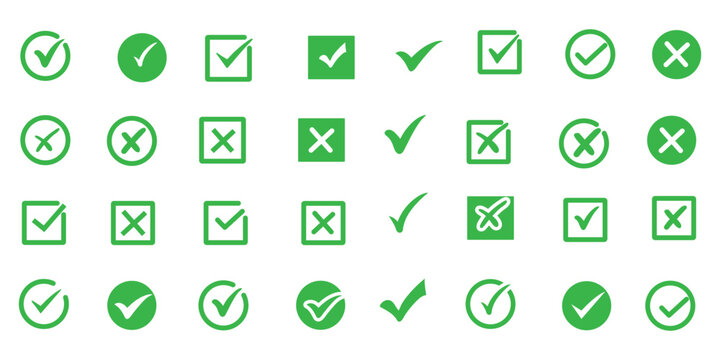 Right and wrong buttons. Yes or no check mark icons in green tick box and red cross. Set of red X and green check mark. Tick and X mark icon for apps and websites