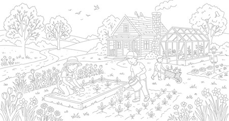 Fototapeta premium Drawing of a rural landscape with buildings and trees line art black and white landscape