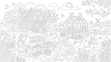 Obraz premium Sketch of a traditional house or building surrounded by trees with line art, organic shapes