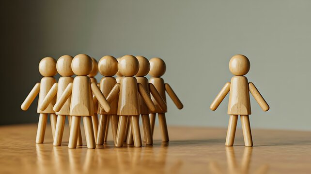 Wooden figures showing social exclusion and loneliness concept on neutral background