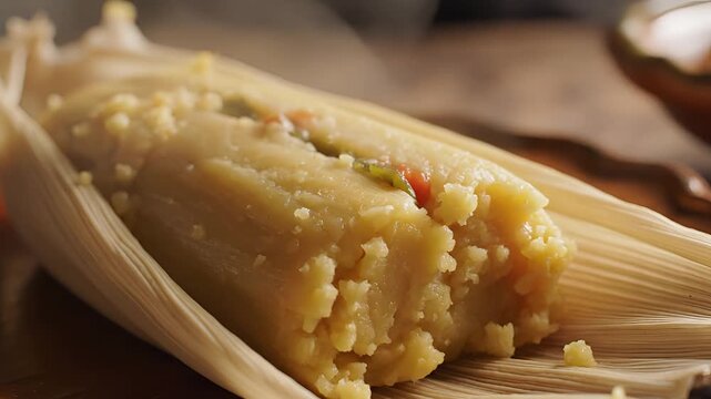 Close up of delicious tamale wrapped in corn husk.