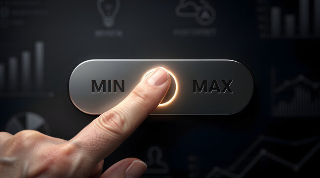 Finger pushing a glowing metallic slider button towards maximum level on a dark background
